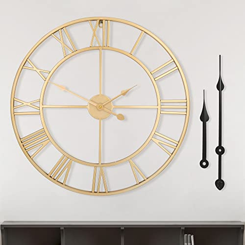 Große Wanduhr im Vintage-Stil,schwarz Wanduhr rund, Modernes Gold Metall Geräuschlos Nicht tickend, batteriebetrieben, 16 inches römische Ziffern Uhren für Wohnzimmer, Schlafzimmer, Küchen dekoration