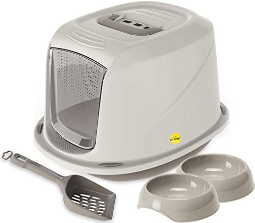 CAT CENTRE Medium Kitten Hooded Litter Tray, Grey, Bowls & Carbon Filter | Kitten starter set, hooded litter box with carry handle, 2 feeding bowls, toilet training kit, loo