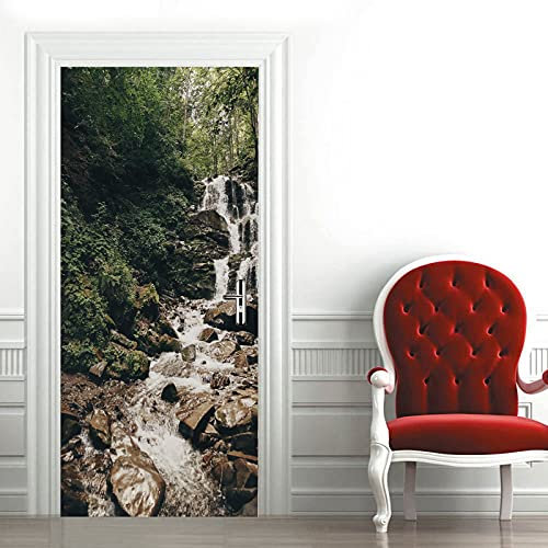A.Monamour Türtapete Selbstklebend Türfolie Türposter 3D Wasserfall Fluss Wald Berge Natur Landschaft Vinyl Folie Türdeko Tapete Wandbild Türaufkleber Türtattoo 77 x 200 cm