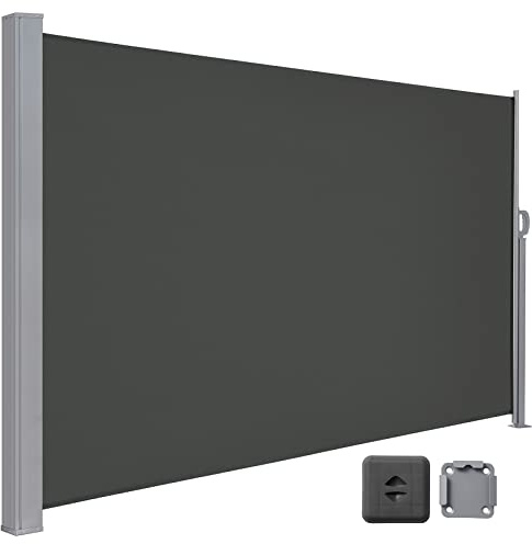 LARMNEE Seitenmarkise mit Stahl-Kasten, ausziehbar, 160 x 450 cm, Rostbeständig, Windschutz, Sonnenschutz, Seitenrollo, Blickdicht, für Balkon, Terrasse, Garten, Dunkelgrau EGY1645TBP02