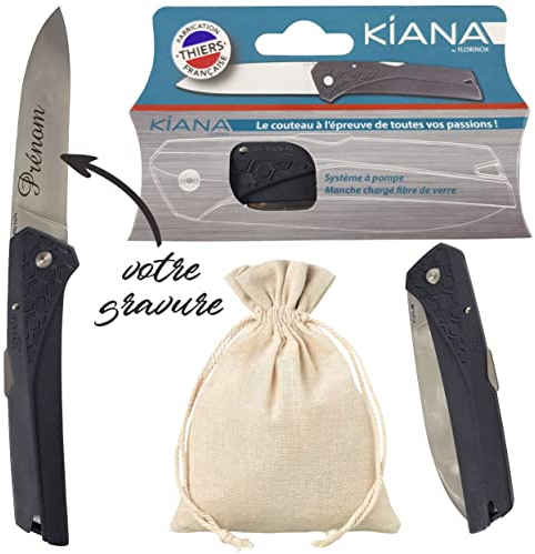 Fabriqué en FRANCE - Couteau Florinox Kiana personnalisé avec prénom gravé. Résistant à l'humidité , aux chocs - Cadeau homme : fête des pères, papa (papi, papy), anniversaire, noël - Mod-Kiana.noir