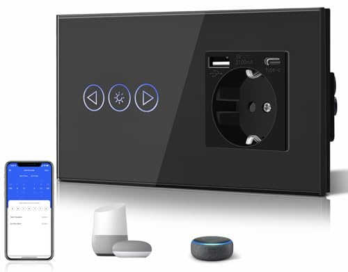 BSEED WiFi Atenuación Interruptor y Enchufe Con 2.1A UBS y Type-C Compatible con Alexa Tuya Google Home Smart Life Negro