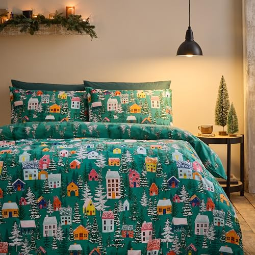 Catherine Lansfield Set copripiumino matrimoniale reversibile con federe, motivo natalizio, verde