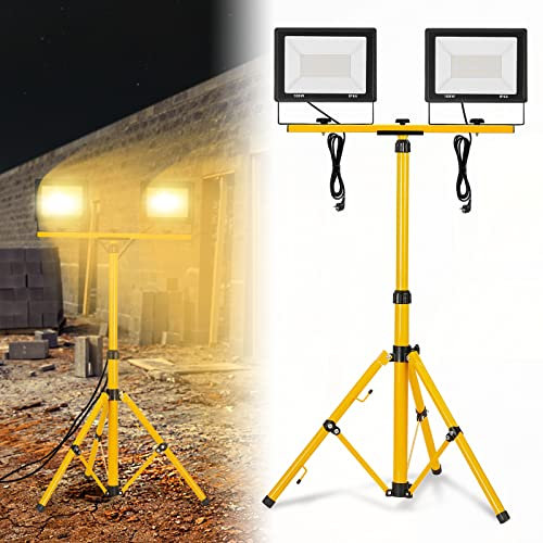 LZQ Faretto a LED da costruzione, 2 x 100 W, luce bianca calda, 8500 lm, con treppiede e cavo di alimentazione, IP66, impermeabile, con spina, per cantieri