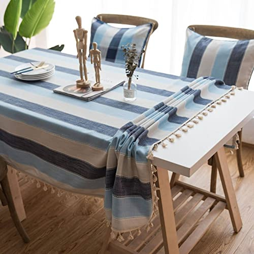 Tischdecke Und Kissenhüllen Set Tischtuch Küche Breite Streifen Mit Quasten Tischdecke Gehäkelt Rechteckig Tischtuch Nach Mass Blau Tischschutz Dekoration 140X250Cm