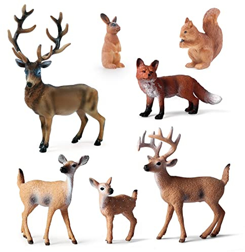 SIENON 7Pcs Forest Animals Figures Toys, Miniature Woodland Figurines with Deer Family, Elk, Fox, Rabbit, Squirrel for Kids Christmas Birthday Party Gift Cake Decorations Educational Project Diorama