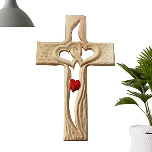 Holzkreuz geschnitzt | Herz Design Kreuz aus Holz Wand | Handgeschnitztes Holzkreuz im antiken Design zum Aufhängen der Wohnzimmerdekoration Jildouf