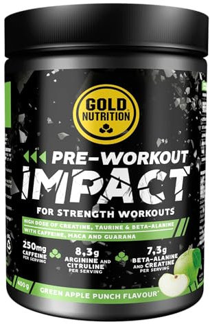 GoldNutrition, Pre-Workout Impact, Bebída Energética en Polvo con Cafeína, Arginina y Citrulina, Beta-Alanina y Creatina, para Tomar Antes del Entrenamiento Deportivo, Sabor Manzana, 400 g