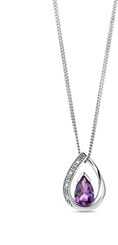 MIORE Halskette, Panzerkette mit Tropfen-/Birnenform Anhänger aus 9 kt (375) Weißgold mit Diamanten Brillanten 0.01 ct. und lila Amethyst Geburtsstein, Halsschmuck Damen 45 cm