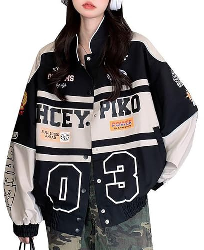 Varsity Jacket for Women Patchwork Long Sleeve Racing Bomber Letterman Jackets Color Block Y2k Vintage Streetwear (Black,M)
