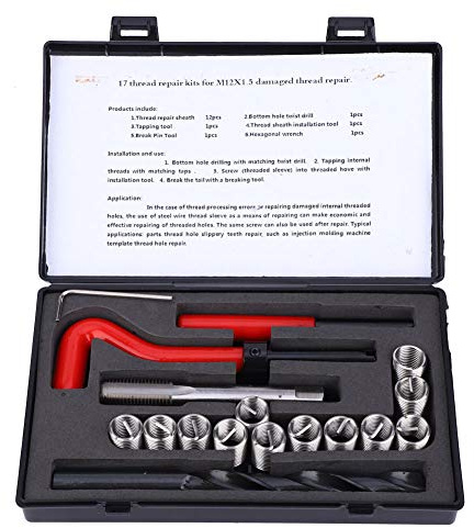 M12x1 5 Outil de Réparation de Filetage 17 Pcs Inserts Filetés M12x1.5 Kit D'accessoires de Réparation de Filetage Femelle Haute Résistance Bonne Précision Fiable
