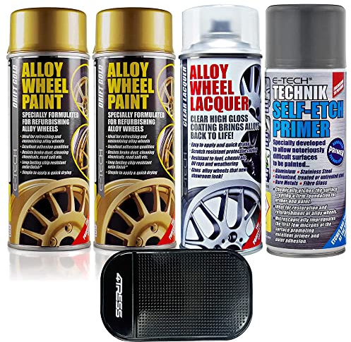 4TRESS E-Tech 2 x 400ml Drift Gold Chip Resistant Alloy Wheel Spray Paint, 1 x Clear Lacquer Car Alloy Wheel Paint, 1 x 400ml Self Etch Grey Primer Non Slip Car Dash Mat