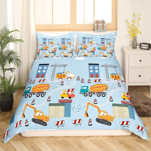 Kinder Jungen Bettwäsche Autos 135x200 Bagger Konstruktion Bettwäsche Teenager 100% Mikrofaser Blau Automotiv Kinderbettwäsche-Set mit Kopfkissenbezug 80x80, Lustige Babybettwäsche Baufahrzeuge Cars
