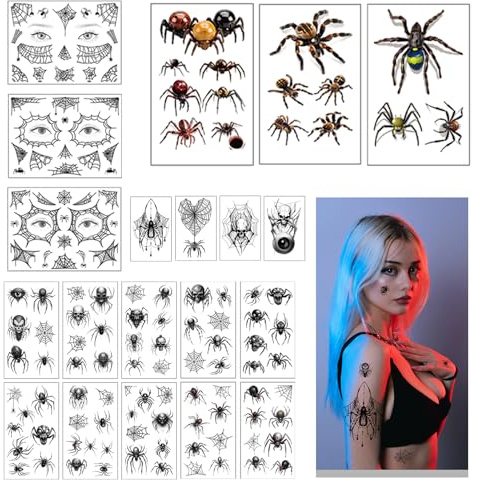 Tatouages Halloween Araignée 141 Motifs 20 Feuilles, CARGEN Deguisement Maquillage Decoration Autocollant Halloween Pour Visage Accessoire Squelettes Toile d'Araignée Pour Femmes Enfants Adultes
