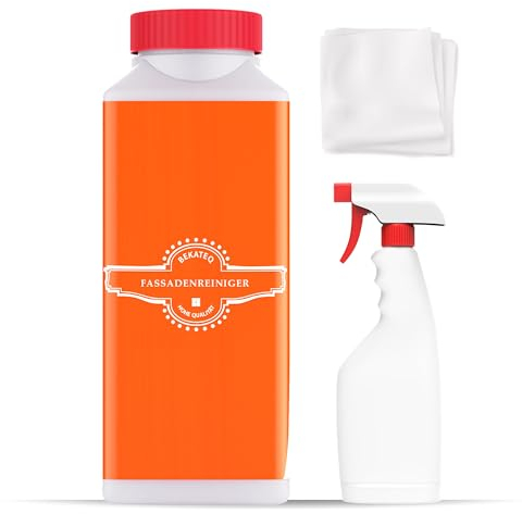 Fassadenreiniger 1l Set mit Sprühflasche + Vliestuch - Reiniger für Putz, Hauswand, Klinker - Steinreiniger, Dachreiniger, Terrassenreiniger - entfernt Algen, Moos, Pilze, Schimmel - BEKATEQ BE-680