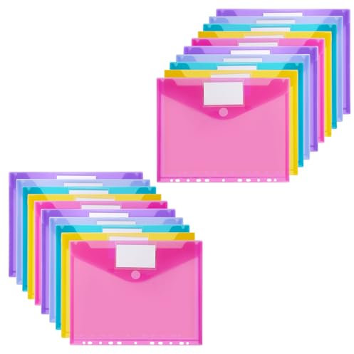 Sosayet Dokumententasche A4 Abheftbar - 20 Pack mit 11 Lochrand Klettverschluss und Etikettentasche - Wasserdichte Sammelmappen für Dokumentenorganisation (5 Farben)