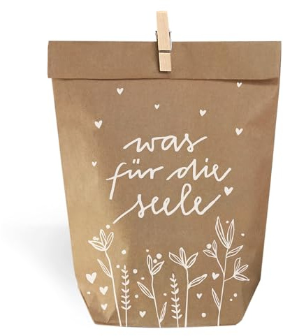 Eine der Guten Geschenktüten Set - was für die Seele, mit 24 gestempelten Kraftpapiertüten & Mini-Holzklämmerchen, für Geschenke, Mitgebsel & Süßes zu Weihnachten, Geburtstag, Abschied, 14 x 22 cm