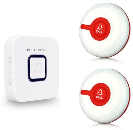 Retekess TH102 Wireless Sistema di Chiamata Emergenza, Allarme di Emergenza, Regalo per la festa del papà, Portata di 1000 Piedi, 4 Livelli di Volume SOS per Anziani, Pazienti (2 Pulsanti di Chiamata)