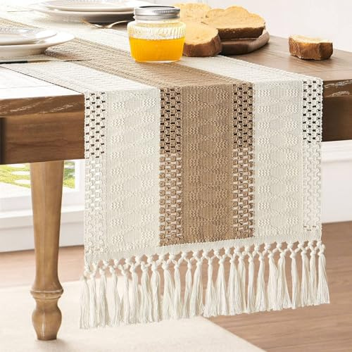 ZeeMart Tischläufer im Makramee-Stil, zweifarbige Nähte, 35,6 x 183,9 cm, braun/elfenbeinfarben, Boho-Tischläufer, 183 cm lang, Bauernhaus-gewebte Heimdekoration