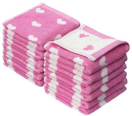 ORIGINAL KIDS Waschlappen, 12 Stück, Waschlappen-Set mit Herzen, 100 % Baumwolle, Jacquard, bunt, saugfähig, schnell trocknend, superweiches Waschlappen, 30,5 x 30,5 cm, Rosa / Weiß