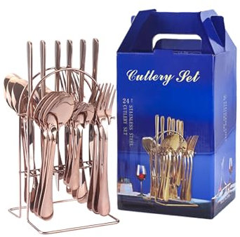 QOKLIYUI Cuillère et Fourchette en Acier Inoxydable, 24 pièces, Couverts élégants pour Toute Occasion, Couverts en Acier Inoxydable, Service de Table, Or Rose