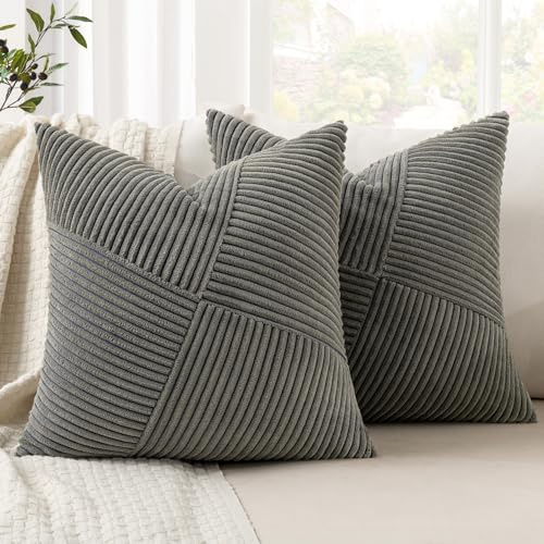 MIULEE Kordsamt Kissenbezug 50x50 Dunkelgrau 2er Set Dekokissen | Kissenbezüge Zierkissenbezug Kissenhülle Sofakissen Streifen Muster Patchwork Design für Wohnzimmer