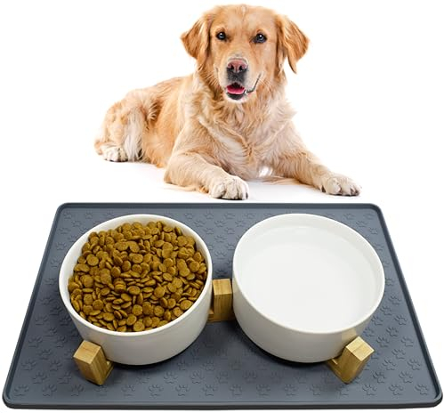 Nesirooh Ciotole per Cani Ceramica, Doppia Ciotola per Acqua e Cibo con Supporto in Bambù e Tappetino Antiscivolo per Cani di Taglia Media (850 ml, 2 Bianco)