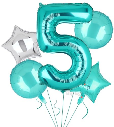 5 Stück XXL Türkis Zahl 5 Luftballon Blaugrün Nummer 5 Folienballons Groß Zahlen Happy Birthday Ballon Geburtstags Deko 100cm