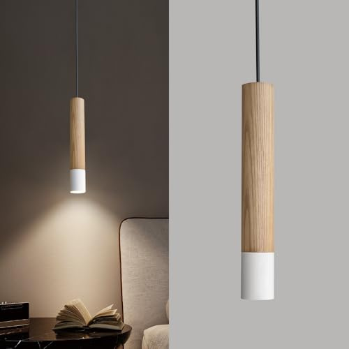 ouglres Pendelleuchte Einflammig,Hängelampe Weiss Holz Vintage,Gu10 Hängeleuchte Höhenverstellbar für Nachttisch Schlafzimmer Küche Nachttisch Esstisch Wohnzimmer Bar,Designer Nachttischlampen