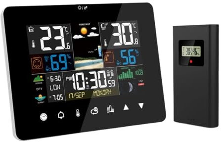 Estación meteorológica digital, estación meteorológica con alarma de amanecer y atardecer, reloj despertador multifunción, termómetro, higrómetro, funcionamiento con pantalla táctil y sensor inal