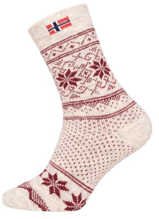 HomeOfSocks Une paire de chaussettes 80 % laine avec drapeau norvégien et design scandinave, Écru/bordeaux, 43-46