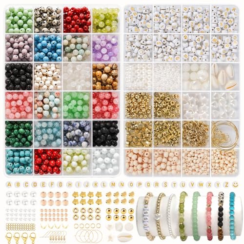packra 6mm Naturstein Perlen zum Auffädeln, Edelstein Perlen Set für Armbänder Selber Machen mit Holzperlen, Buchstabenperlen & Zubehör
