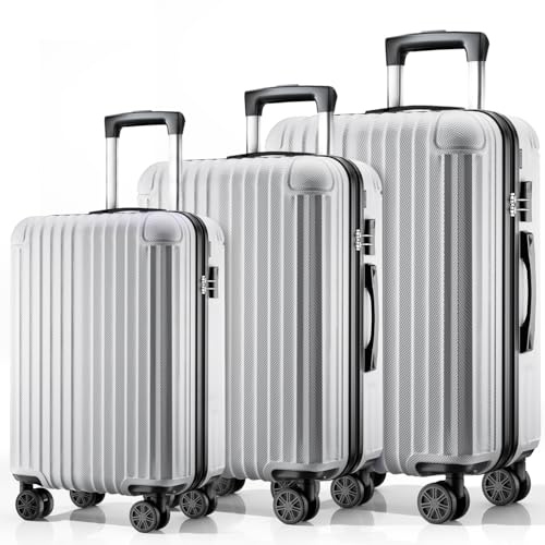 ABISTAB Hartschalen Kofferset 3-teilig, Leicht Koffer Trolley | Reisekoffer für Familienreisen | 4 Rollen & Zahlenschloss | Silber