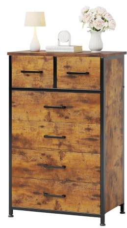 Flrrtenv Wooden Chest of Drawers 60cm Wide, 6 Drawer Tall Dresser for Bedroom Clothing Storage, Entryway Storage Cabinet for Hallway, Living Room Organiser with Anti-Tip Design, Brown Wood
