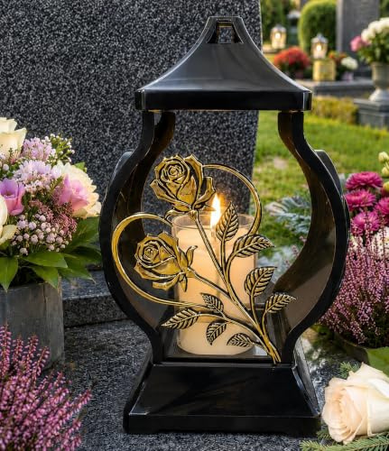 Generisch Grablaterne Grablampe Grableuchte Rose Herz Grablicht Kerze Gabschmuck Friedhof Garten Grabdekoration
