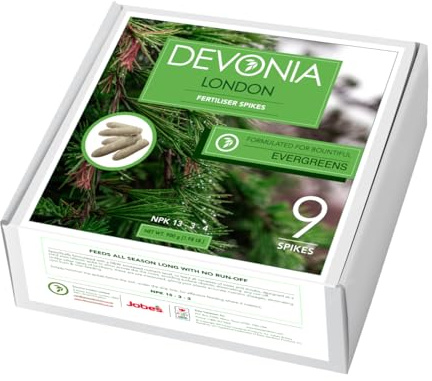 Devonia Evergreen Tree & Shrub Fertiliser Large Spikes (9 Pack) | Slow-Release Root Feed | NPK 13-3-4 | All-Season Plant Food | Feeds Continuously For 2 Months | For Evergreen Trees & Shrubs