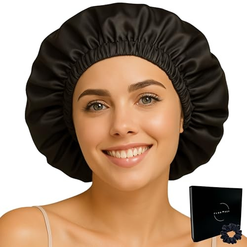 Flortree Seidenhaube zum Schlafen mit Clip & Gummiband | Für alle Haartypen & Kopfgrößen | Schützt vor Haarbruch, Spliss & Frizz | Locken bleiben definiert (Schwarz)