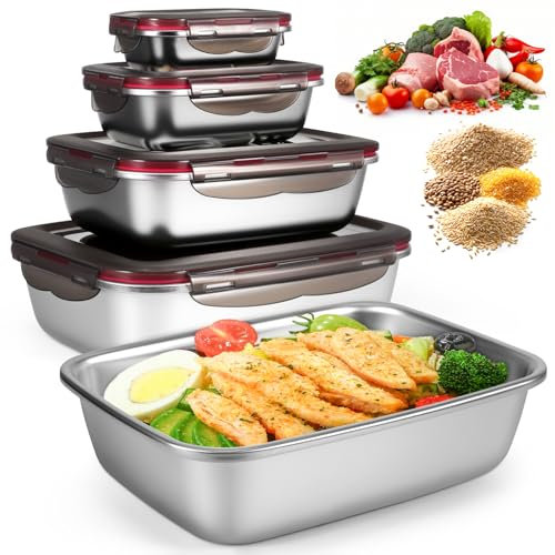 Leak-proof Stainless Steel Food Storage Containers with Lids Set of 4, Metal Lunch Box Bento Container for Adults, Stackable Meal Prep Containers for Freezer Oven Dishwasher, 220/600/1500/2900ML