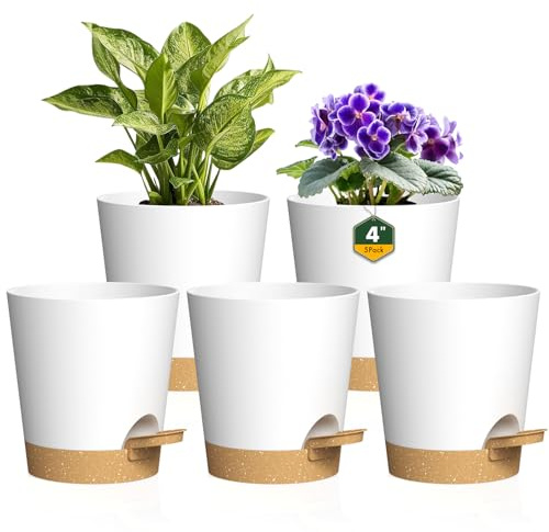 Homeuouz 10cm Self Watering Plant Pots, 5 Pack Plastic Self Watering Planter with Drainage Holes & Saucer, Ideal for All Indoor Outdoor House Flowers and Plants(White With Brown Drainage)