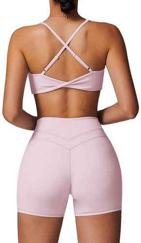 IMEKIS Zweiteiler Gym Set Damen Yoga Outfit Twist Zurück BH und Hohe Taille Shorts Sportset Sommer Fitness Kleidung Sportanzug Workout Activewear Rosa M