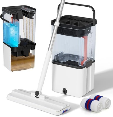 Eukue Wischmopp Set mit Eimer, Bodenwischer mit Auswringfunktion, 2 in 1 Putzeimer mit Wischmop, Wischer Mop und Eimer Set mit Einstellbar Edelstahlgriff und 2 Mikrofaser Moppkopf für Alle Boden