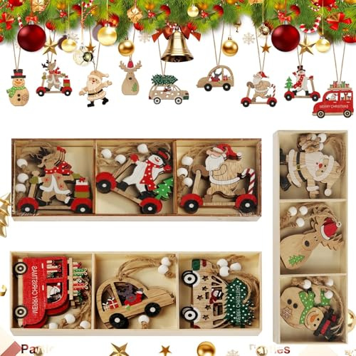 prota Holz Weihnachten Anhänger, 27 Stück Weihnachtsbaumschmuck aus Holz Weihnachtsdeko Anhänger, Weihnachtsbaum Anhänger mit Schnur für Weihnachten Party Dekoration