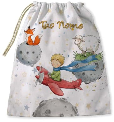 Set Bavaglino Asilo con elastico personalizzato con nome del bambino Favole Piccolo principe (Sacca porta bavaglini elastico tovagliette - compatibile con Piccolo Principe)