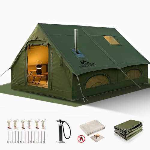13' x 10' Inflatable Tents for Camping 8-10 Person, 4 Season Blow Up Tents with Waterproof pad, Easy Set-Up Glamping Inflatable Hot Tent with Stove Jack for Camping Outdoors