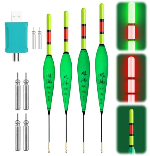 Hekasvm 4 Stücke LED Posen Angeln Set 5g 6g 7g 8g, Angelposen mit Bissanzeiger, Leuchtposen mit Batterie Ladegerät und Stabbatterie Typ CR425