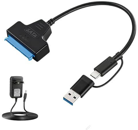 Eddrfy Adaptador USB SATA para SSD / HDD de 2,5 y 3,5 pulgadas, con fuente de alimentación de 12 V 2 A, adaptador SATA a USB 3.0, compatible con protocolo UASP, adaptador de disco duro para unidades