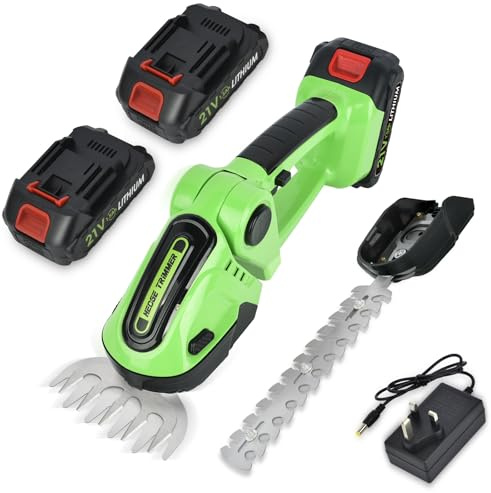 Tagliasiepi a Batteria 2 in 1, Tagliabordi Elettrico con 2 Lame, 2x1500mAh Batterie, Angolo Regolabile a 90°, Tagliasiepi e Tagliaerba Portatile per Giardino, Prato, Siepi e Bordure