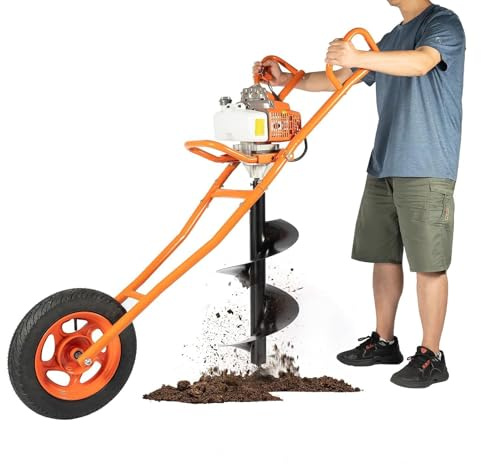 SanBouSi 63CC 2-Takt Benzin Erdbohrer 3PS Erdlochbohrer für Zaunbau & Gartenarbeit Tragbarer Bodenbohrer mit 11.81 (30cm) Bohrer & Transportrad