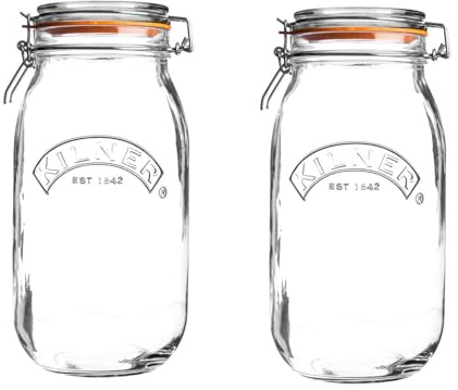 UNIQUE HOME LIVING Kilner Clip Top Jar Set, 2 Litre (2000ml) Airtight Glass Storage Jars for Preserving Fruits Vegetables Coffee Tea Rice Flour Nuts Pasta Kitchen Storage Canister Jars - 2PCS