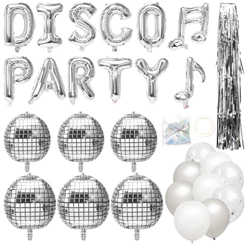 Disco Decoración de los Años 80 y 90, Disco Decoraciones de Fiesta con Globos de Aluminio de Discoteca 4D Retro, Kit de Decoraciones Colgantes Plateadas para Fiestas con Tema Retro